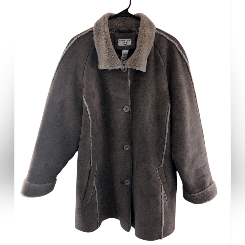 Covington Woman's Coat 16W Light Brown Faux Suede Faux Fur Lining Phoebe Buffay